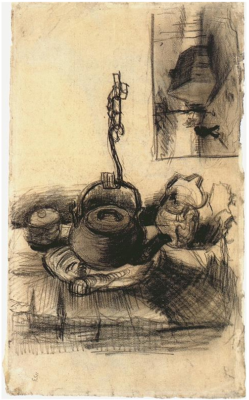 Vincent van Gogh's Kettle Over a Fire, and a Cottage by Night Drawing