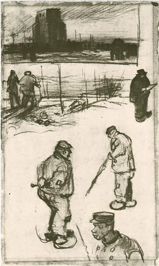 Vincent van Gogh's Sketches of the Old Tower and Figures Drawing